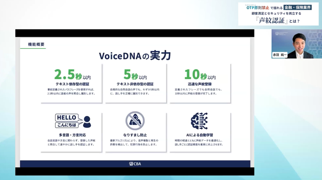 「VoiceDNA」という声紋認証ソリューションでは本人確認の時間が5秒以内となり、声紋登録は10秒以内です