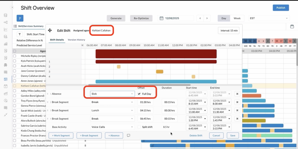 AI WFMでは、病気で急な欠勤が発生した場合も、シフトエディターで「欠勤」を登録するだけで、該当オペレータのシフトが自動で調整されます。